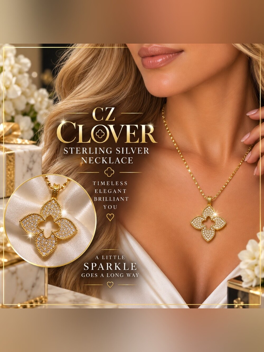 💎 Stunning Gold & CZ Clover Pendant Necklace | Elegant Statement Jewelry